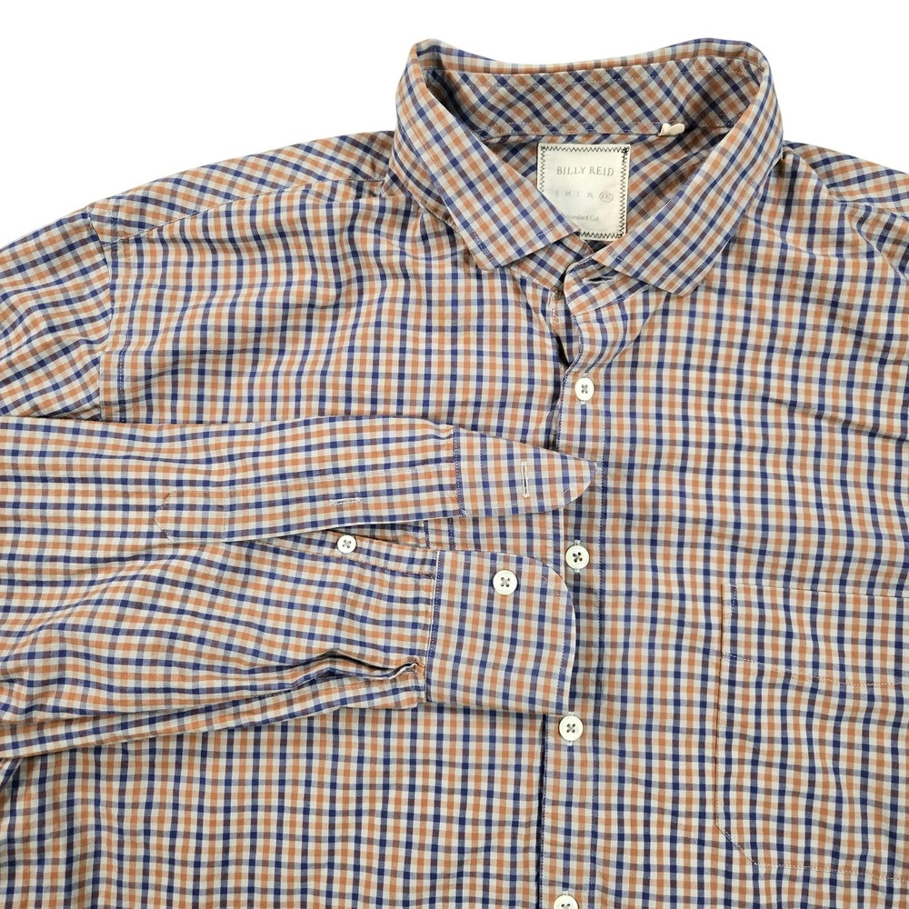 Billy Reid Shirt Mens 2XL Blue Tan Check Long Sl0eeve Button Front Standard Fit